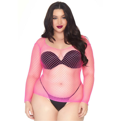 Leg Avenue Long Sleeved Industrial Net Top Neon Pink Plus Size